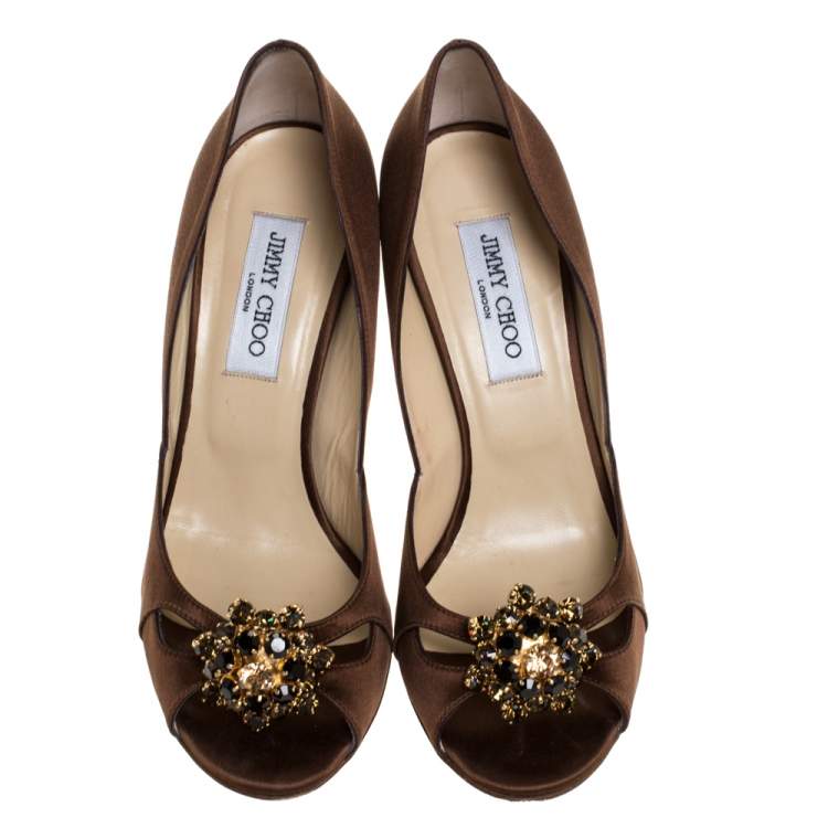 Pre Owned Jimmy Choo Dark Brown Satin Crystal Embellished Piazza Peep Toe Pumps 39