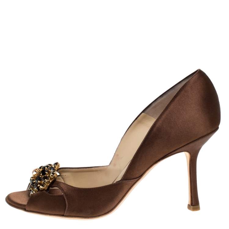 Pre Owned Jimmy Choo Dark Brown Satin Crystal Embellished Piazza Peep Toe Pumps 39
