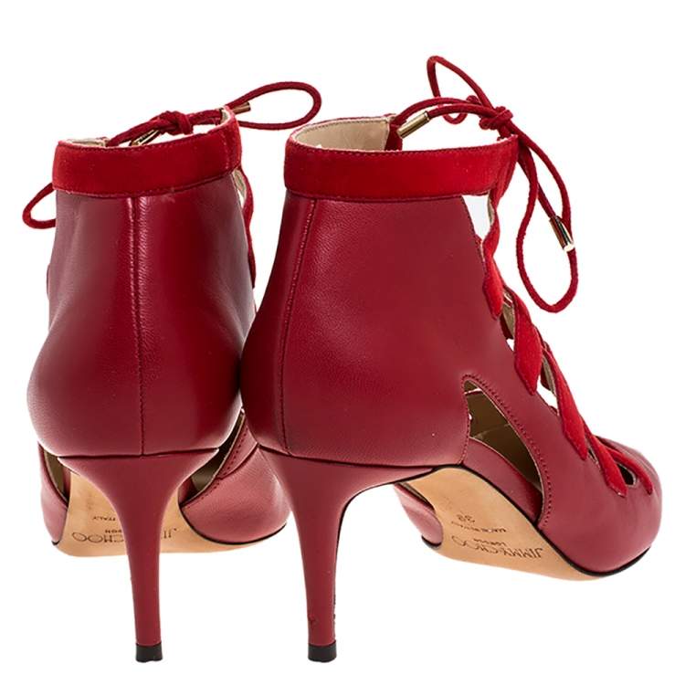 Pre Owned Jimmy Choo Red Suede and Leather Cut Out Pointed Toe Booties Size 39