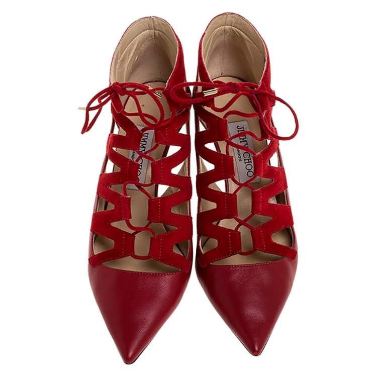 Pre Owned Jimmy Choo Red Suede and Leather Cut Out Pointed Toe Booties Size 39