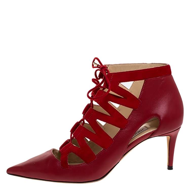 Pre Owned Jimmy Choo Red Suede and Leather Cut Out Pointed Toe Booties Size 39