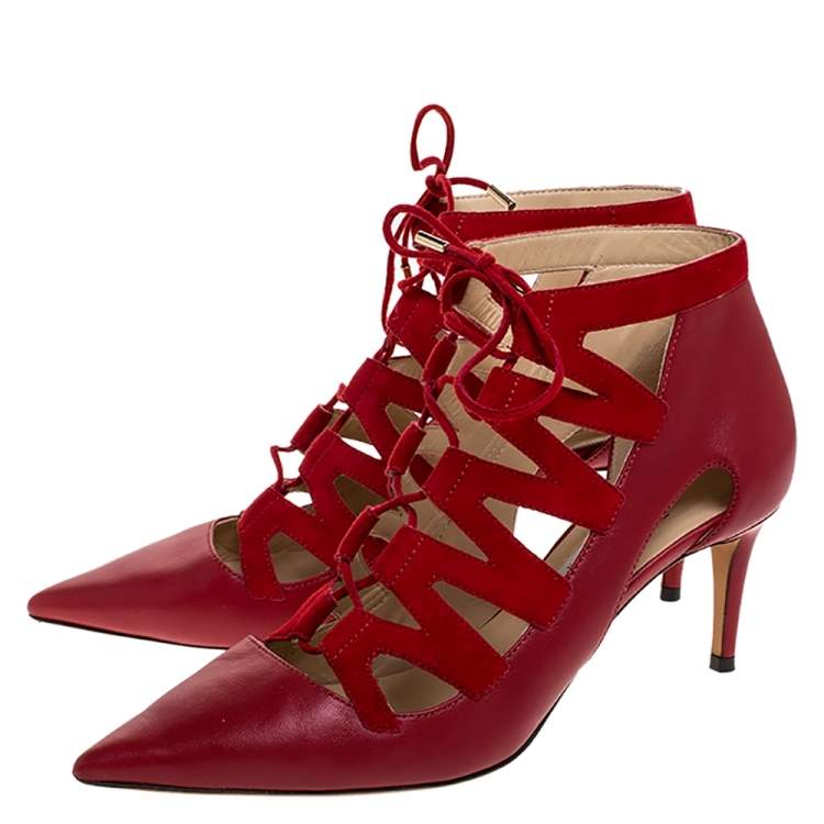 Pre Owned Jimmy Choo Red Suede and Leather Cut Out Pointed Toe Booties Size 39