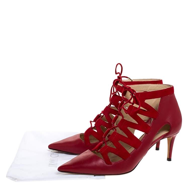Pre Owned Jimmy Choo Red Suede and Leather Cut Out Pointed Toe Booties Size 39