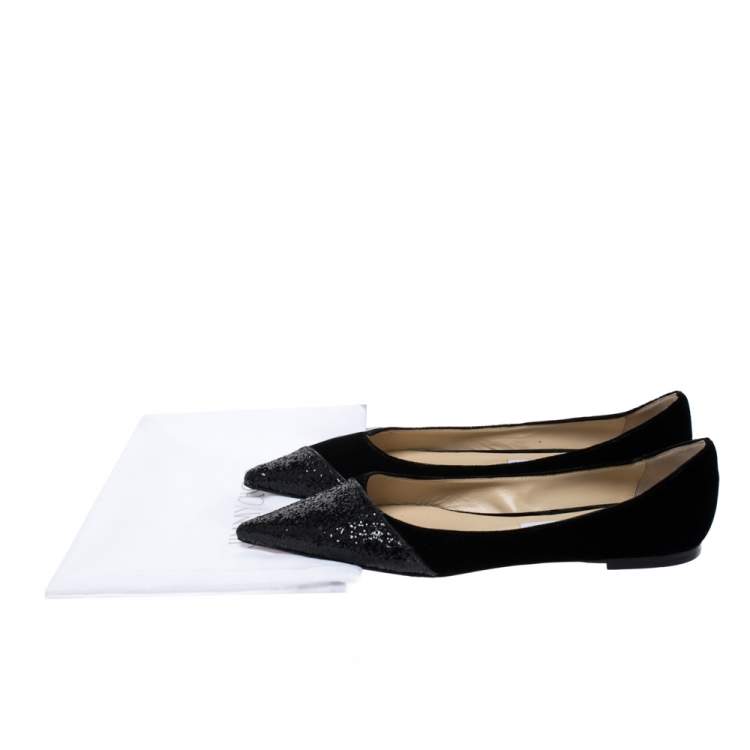 Pre Owned Jimmy Choo Black Glitter Fabric And Velvet Love Pointed Toe Flats Size 39