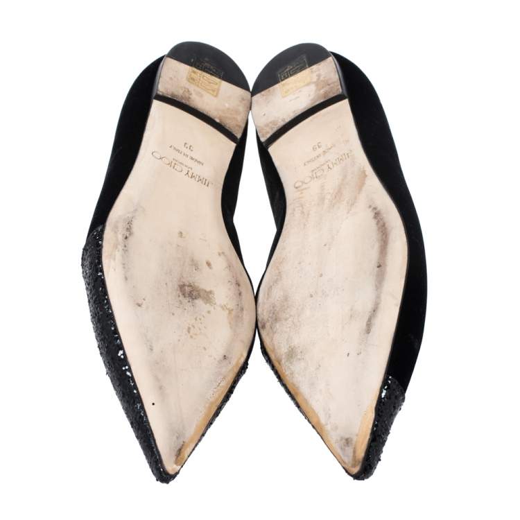 Pre Owned Jimmy Choo Black Glitter Fabric And Velvet Love Pointed Toe Flats Size 39