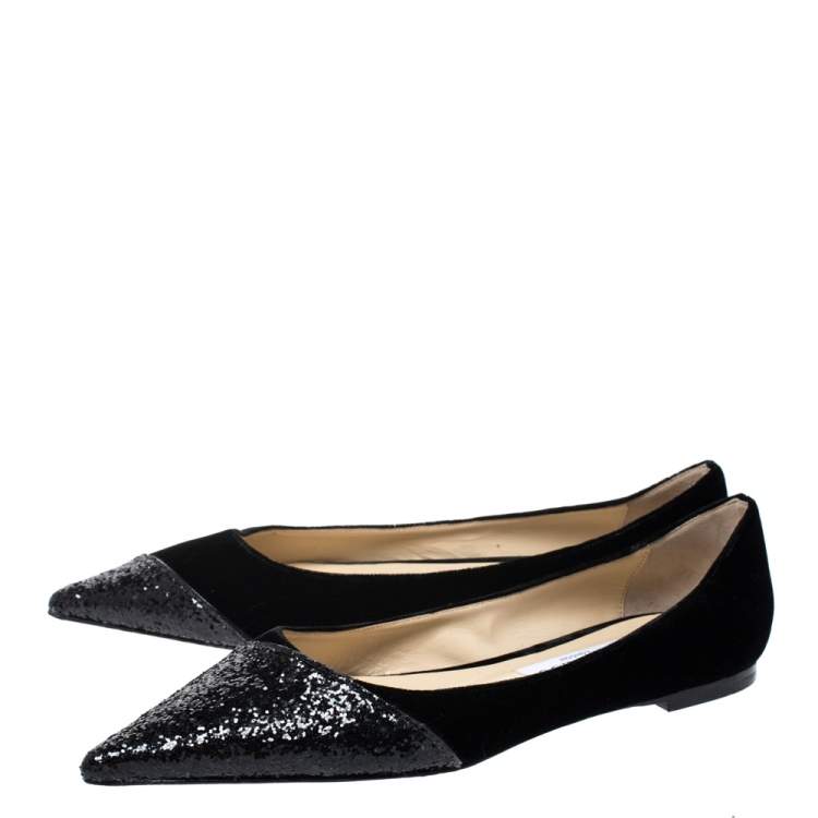 Pre Owned Jimmy Choo Black Glitter Fabric And Velvet Love Pointed Toe Flats Size 39