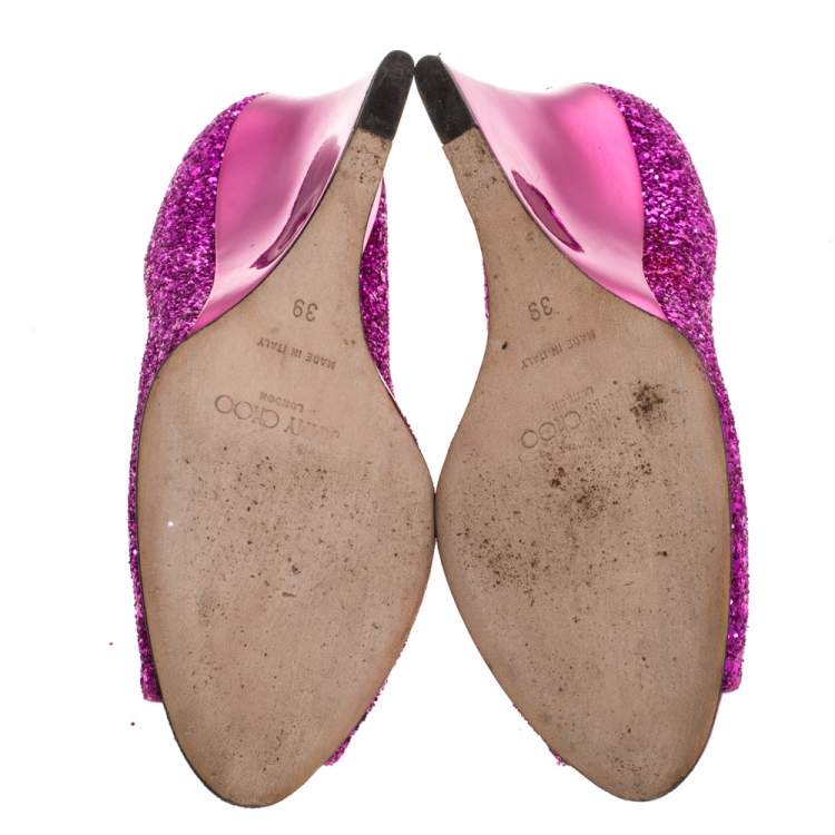 Pre Owned Jimmy Choo Pink Course Glitter Fabric Baxen Peep Toe Wedge Pumps 39