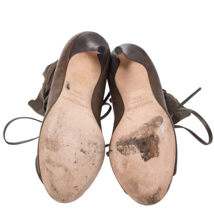 Pre Owned Jimmy Choo Khaki Green Leather and Suede Lace Up Booties Size 37.5