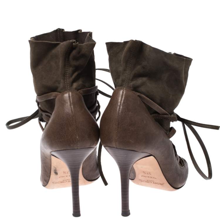 Pre Owned Jimmy Choo Khaki Green Leather and Suede Lace Up Booties Size 37.5