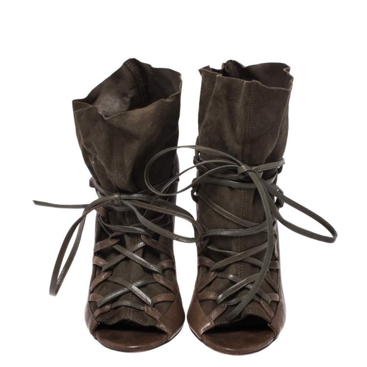 Pre Owned Jimmy Choo Khaki Green Leather and Suede Lace Up Booties Size 37.5