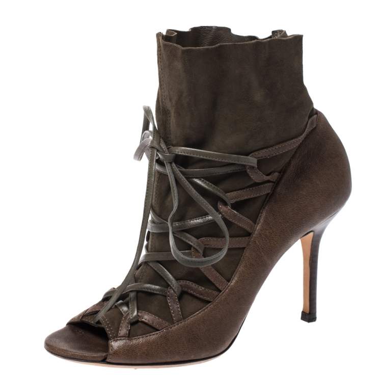 Pre Owned Jimmy Choo Khaki Green Leather and Suede Lace Up Booties Size 37.5