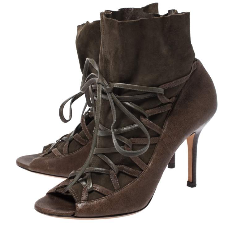 Pre Owned Jimmy Choo Khaki Green Leather and Suede Lace Up Booties Size 37.5