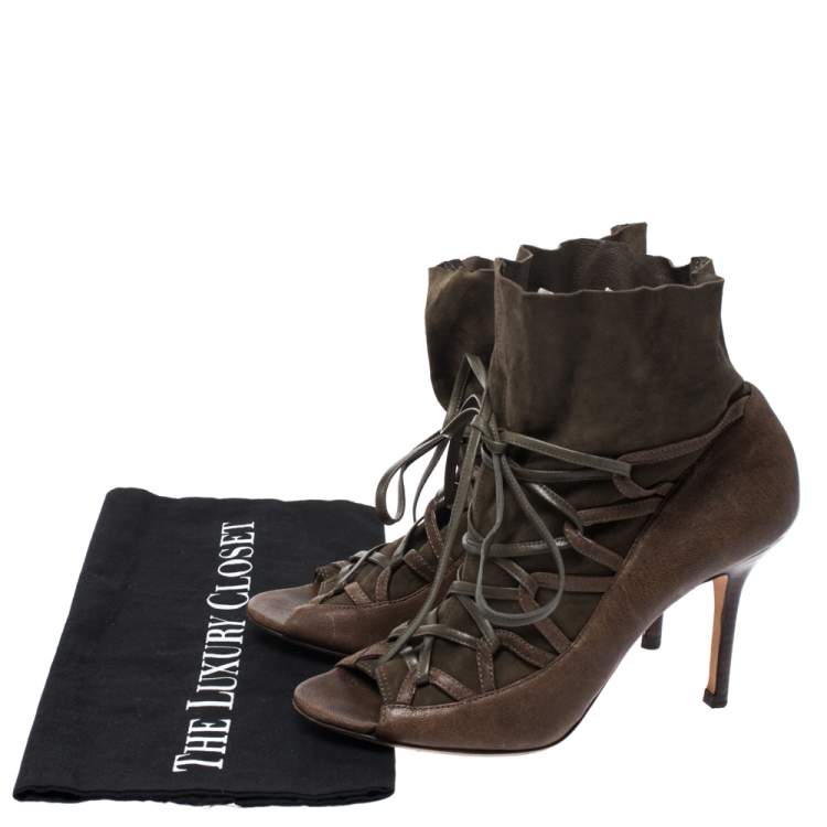 Pre Owned Jimmy Choo Khaki Green Leather and Suede Lace Up Booties Size 37.5