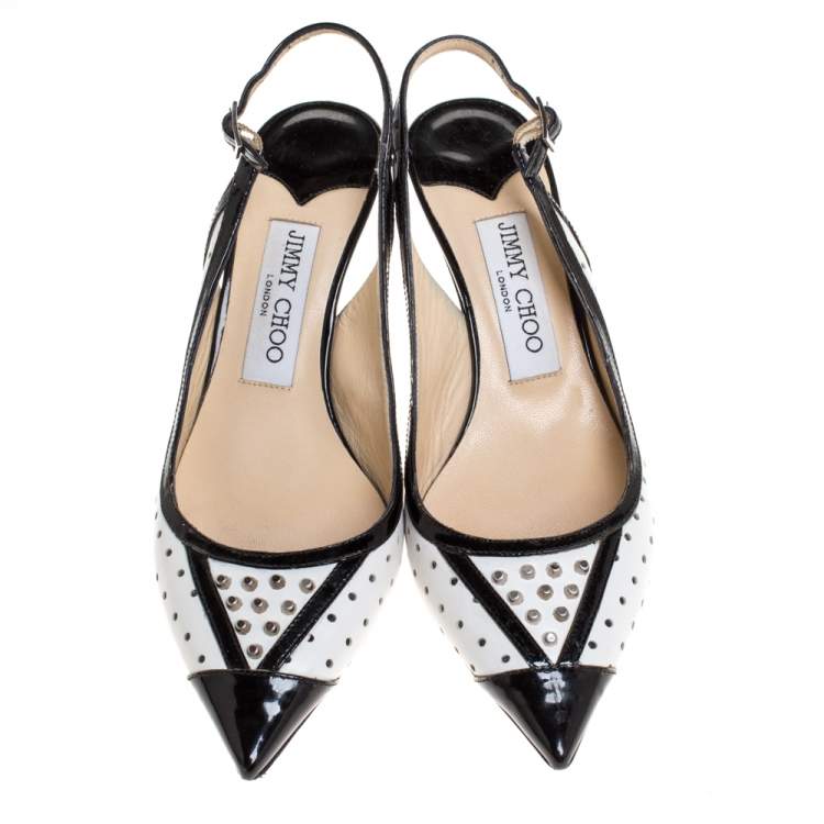 Pre Owned Jimmy Choo Monochrome Leather Embellished Slingback Sandals Size 36.5