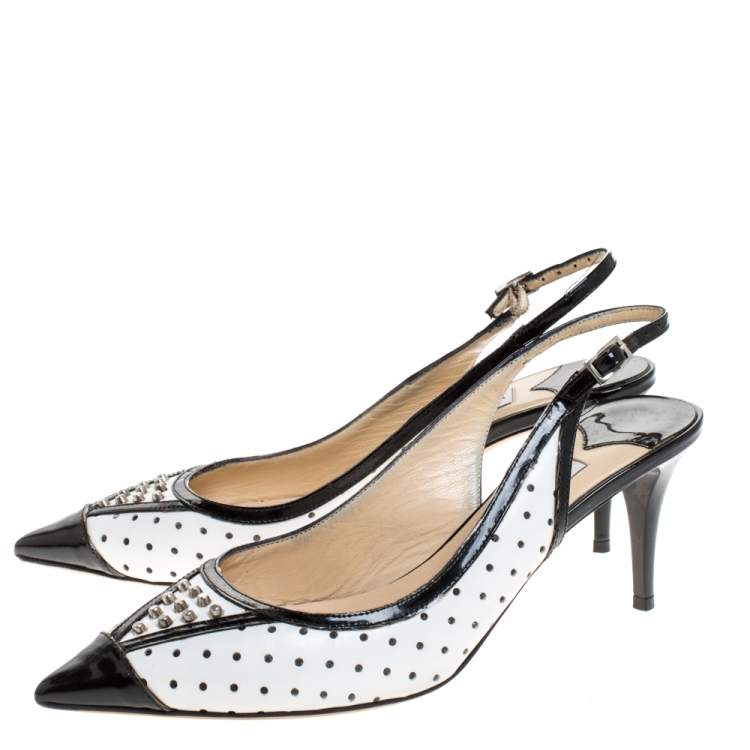 Pre Owned Jimmy Choo Monochrome Leather Embellished Slingback Sandals Size 36.5