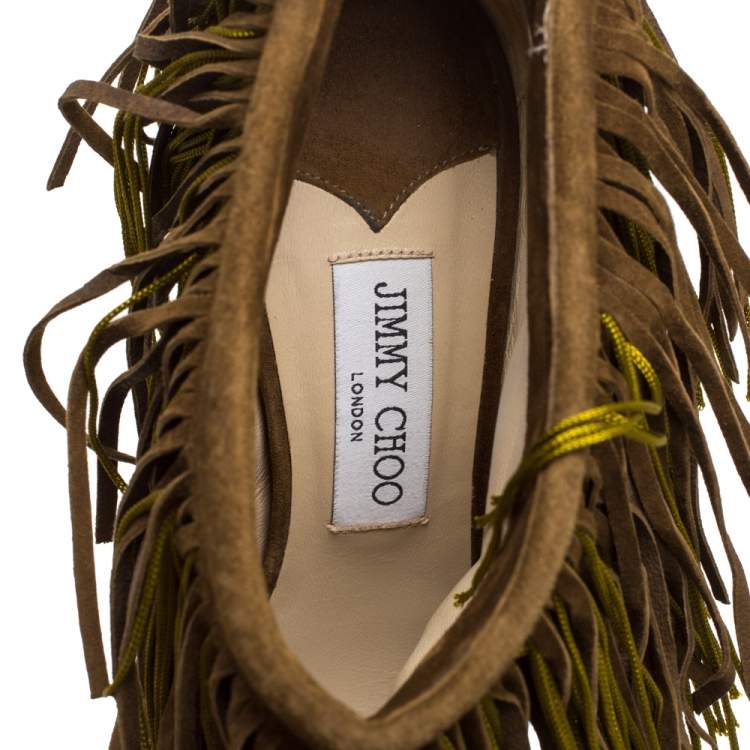 Pre Owned Jimmy Choo Olive Green Suede Fringe Detail Damita Boots Size 38