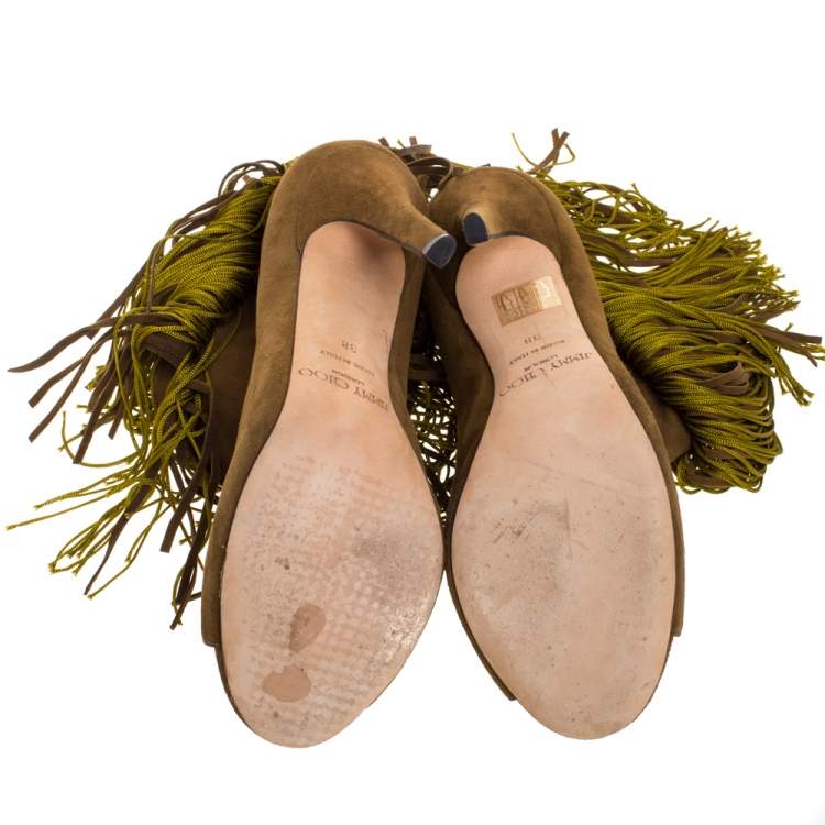 Pre Owned Jimmy Choo Olive Green Suede Fringe Detail Damita Boots Size 38