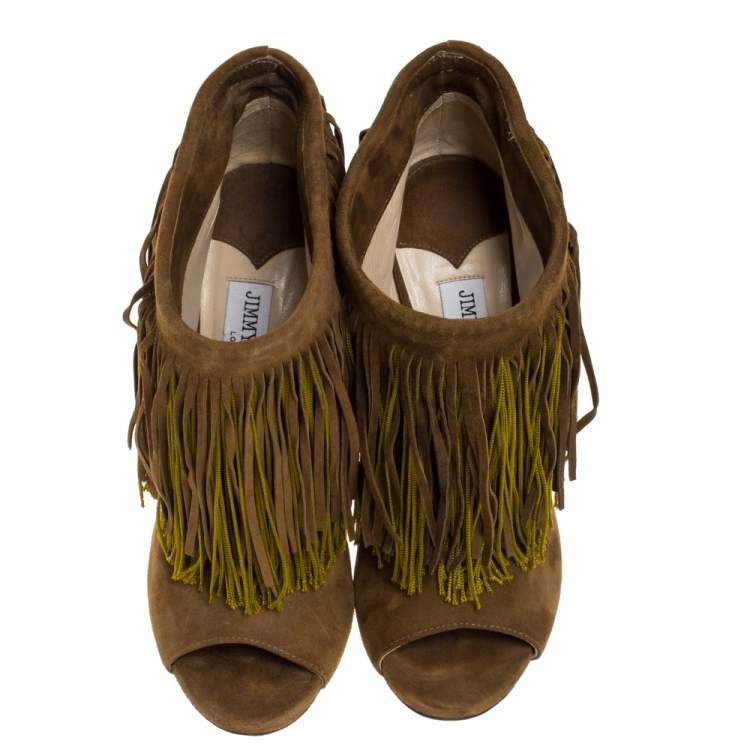 Pre Owned Jimmy Choo Olive Green Suede Fringe Detail Damita Boots Size 38