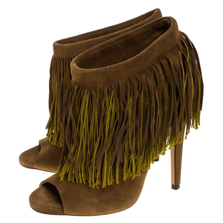 Pre Owned Jimmy Choo Olive Green Suede Fringe Detail Damita Boots Size 38