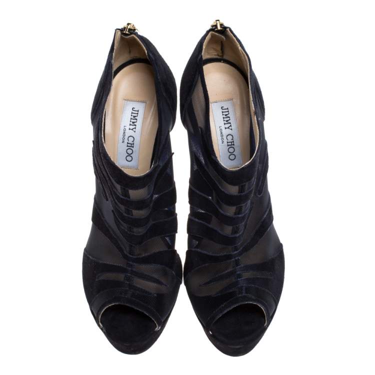 Pre Owned Jimmy Choo Black Suede Leather And Mesh Kerfield Peep Toe Platform Booties Size 40