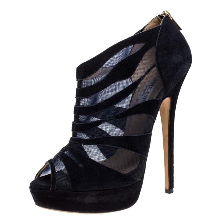 Pre Owned Jimmy Choo Black Suede Leather And Mesh Kerfield Peep Toe Platform Booties Size 40