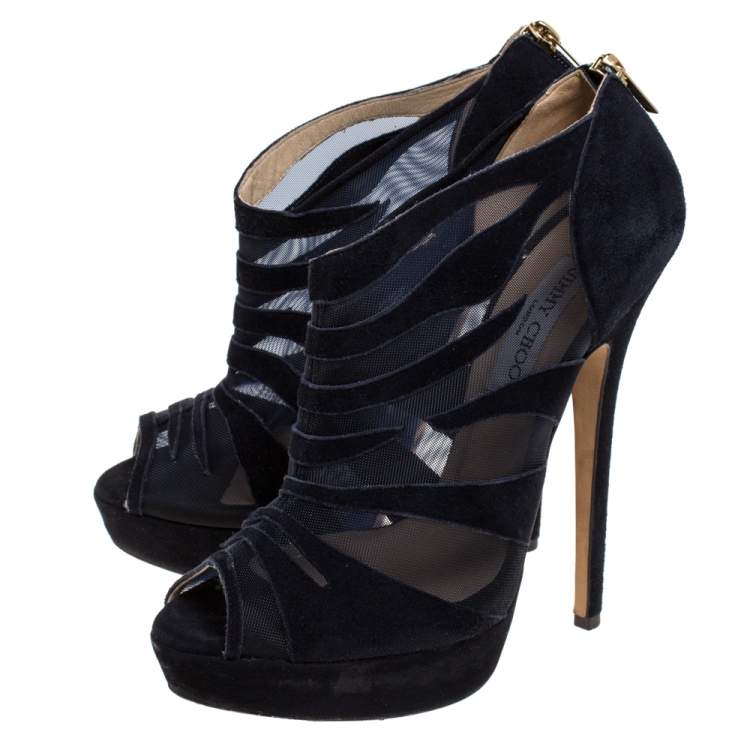 Pre Owned Jimmy Choo Black Suede Leather And Mesh Kerfield Peep Toe Platform Booties Size 40