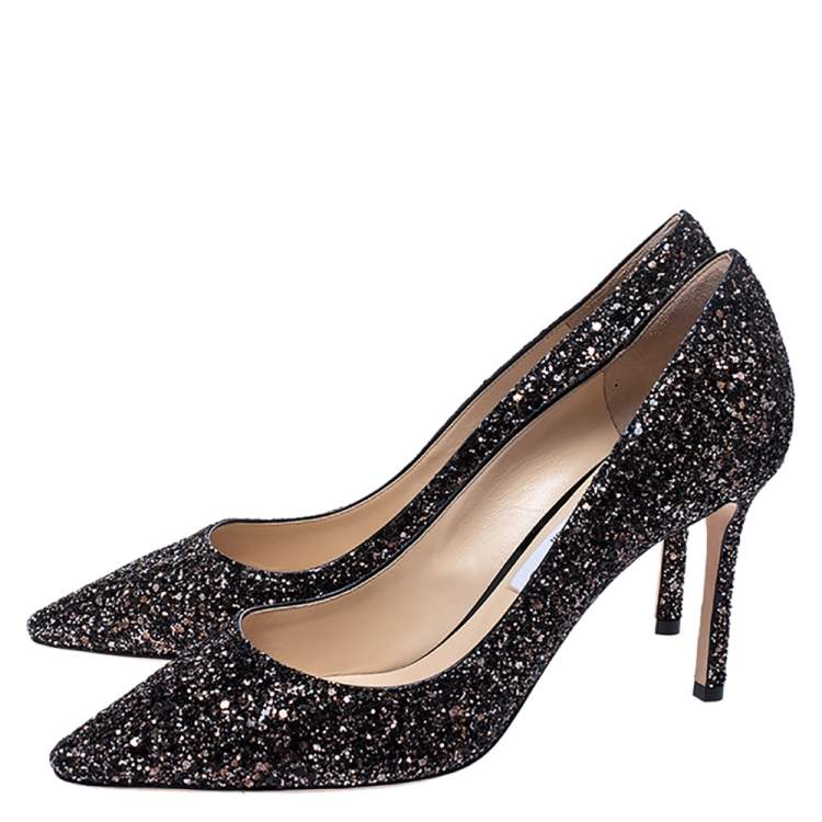 Pre Owned Jimmy Choo Black/Bronze Coarse Glitter Fabric Romy Pointed Toe Pumps Size 40