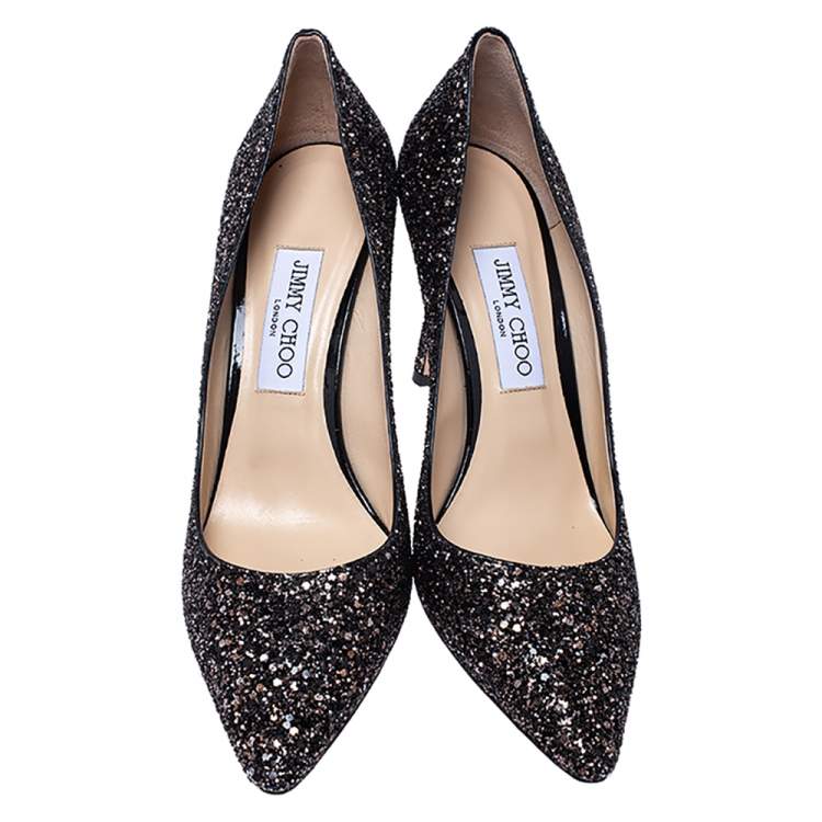 Pre Owned Jimmy Choo Black/Bronze Coarse Glitter Fabric Romy Pointed Toe Pumps Size 40