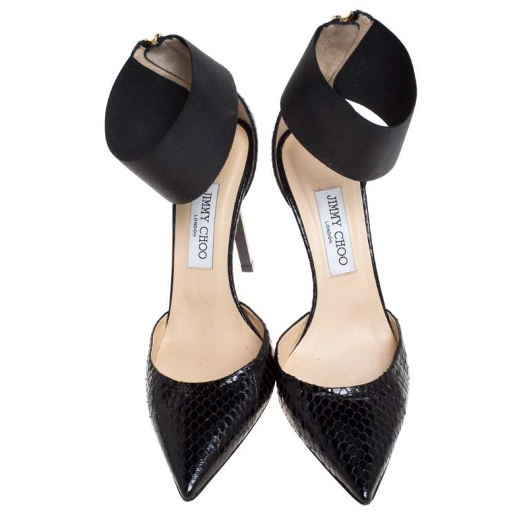 Pre Owned Jimmy Choo Black Python Leather Trinny Elastic Ankle Strap Pumps Size 39.5