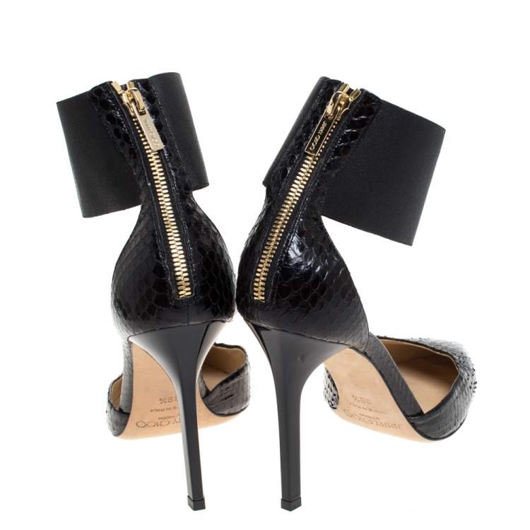 Pre Owned Jimmy Choo Black Python Leather Trinny Elastic Ankle Strap Pumps Size 39.5
