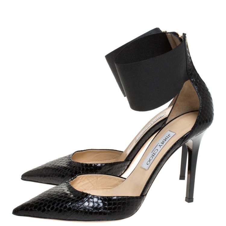 Pre Owned Jimmy Choo Black Python Leather Trinny Elastic Ankle Strap Pumps Size 39.5