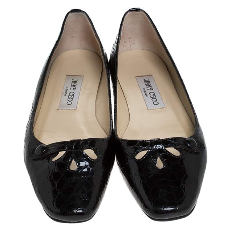 Pre Owned Jimmy Choo Black Croc Effect Patent Leather Ballerina Bow Flats Size 38