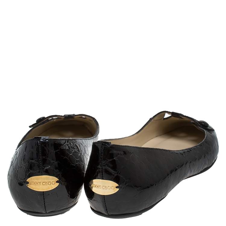 Pre Owned Jimmy Choo Black Croc Effect Patent Leather Ballerina Bow Flats Size 38