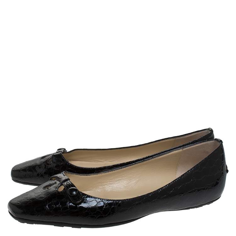Pre Owned Jimmy Choo Black Croc Effect Patent Leather Ballerina Bow Flats Size 38
