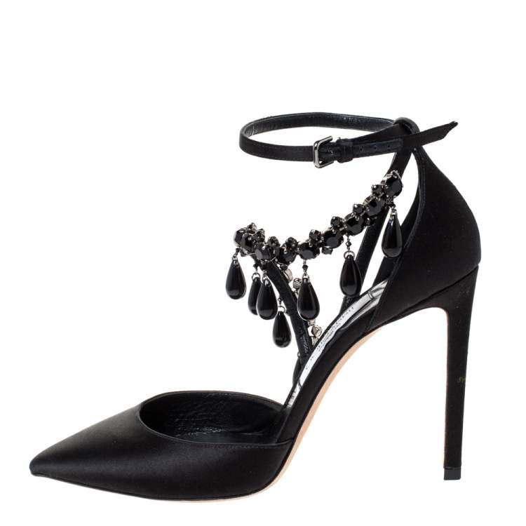 Pre Owned Jimmy Choo Black Satin Black Pearl Embellished Victoria Pumps Size 39