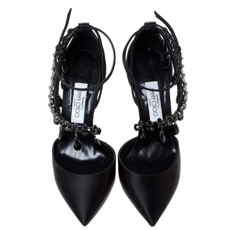 Pre Owned Jimmy Choo Black Satin Black Pearl Embellished Victoria Pumps Size 39