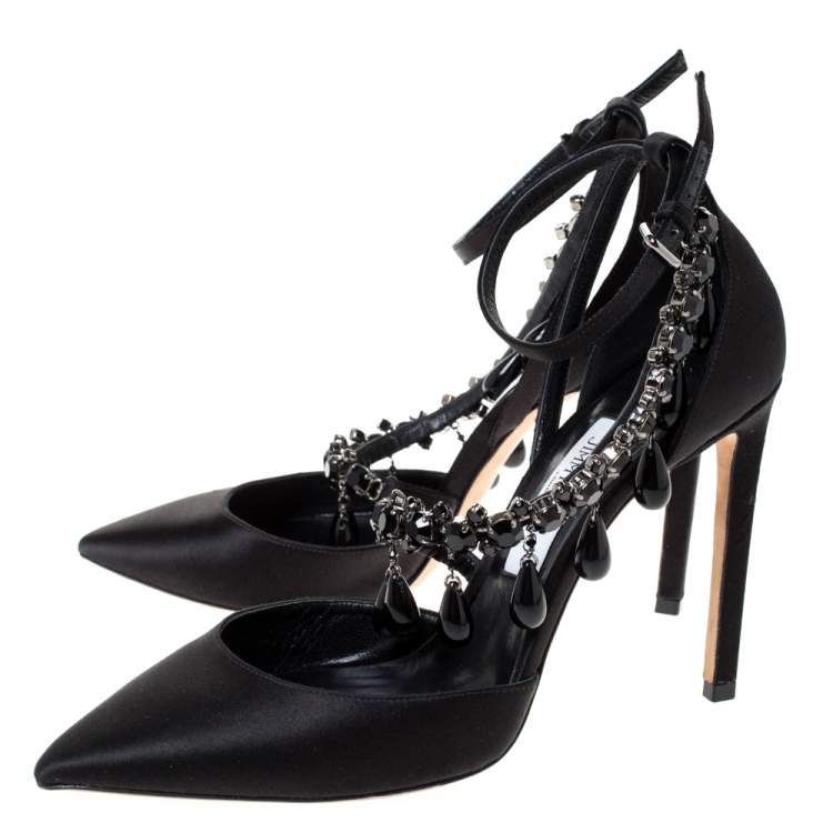 Pre Owned Jimmy Choo Black Satin Black Pearl Embellished Victoria Pumps Size 39