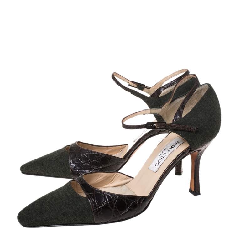 Pre Owned Jimmy Choo Brown/Grey Wool And Croc Leather Ankle Strap Pumps Size 40