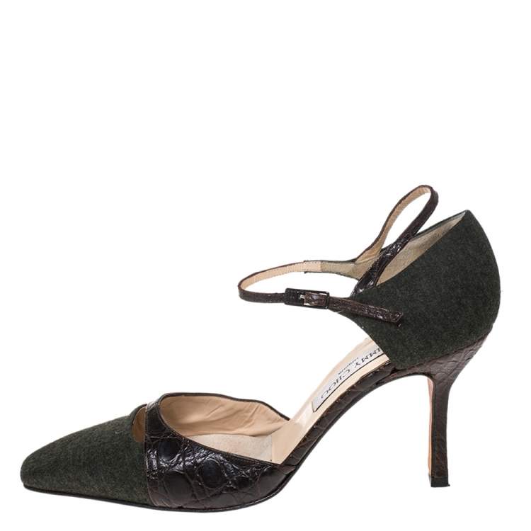 Pre Owned Jimmy Choo Brown/Grey Wool And Croc Leather Ankle Strap Pumps Size 40