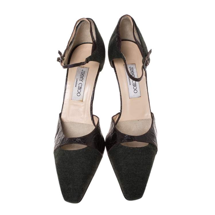 Pre Owned Jimmy Choo Brown/Grey Wool And Croc Leather Ankle Strap Pumps Size 40