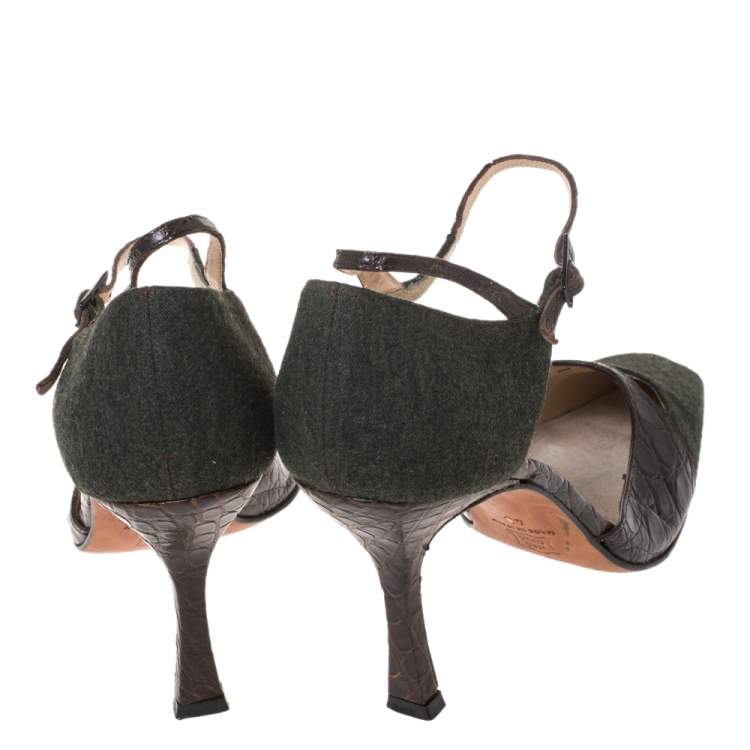 Pre Owned Jimmy Choo Brown/Grey Wool And Croc Leather Ankle Strap Pumps Size 40
