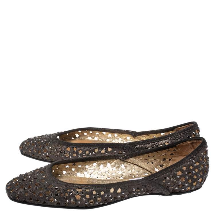 Pre Owned Jimmy Choo Metallic Silver Embellished Cut Out Suede Ballet Flats Size 39.5