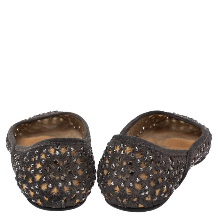 Pre Owned Jimmy Choo Metallic Silver Embellished Cut Out Suede Ballet Flats Size 39.5