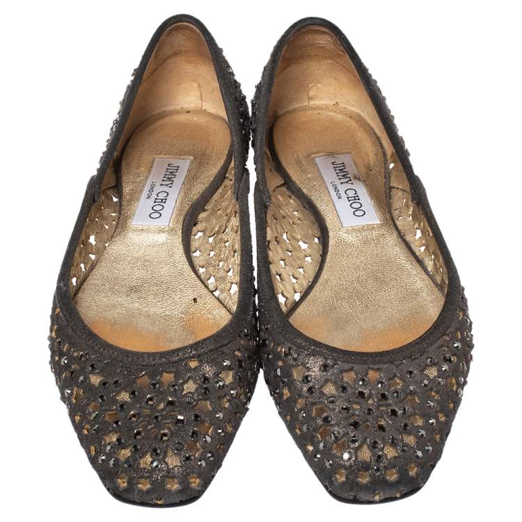 Pre Owned Jimmy Choo Metallic Silver Embellished Cut Out Suede Ballet Flats Size 39.5
