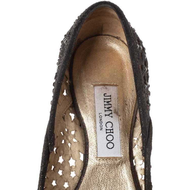 Pre Owned Jimmy Choo Metallic Silver Embellished Cut Out Suede Ballet Flats Size 39.5
