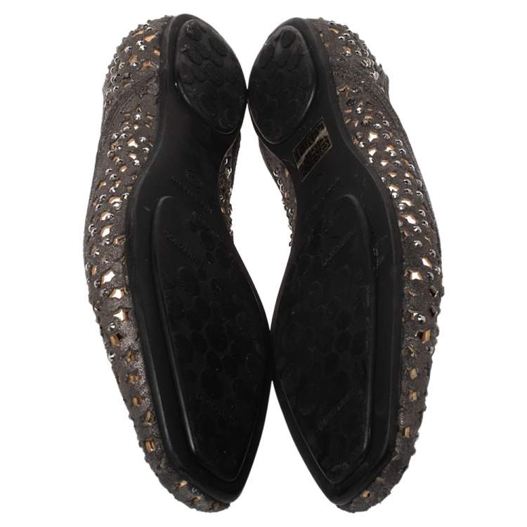 Pre Owned Jimmy Choo Metallic Silver Embellished Cut Out Suede Ballet Flats Size 39.5