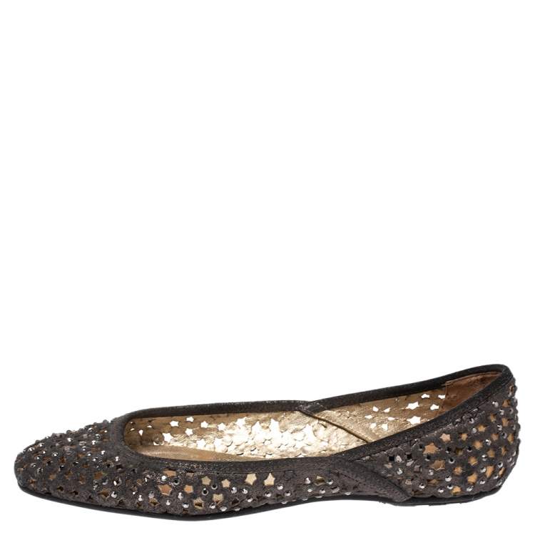 Pre Owned Jimmy Choo Metallic Silver Embellished Cut Out Suede Ballet Flats Size 39.5