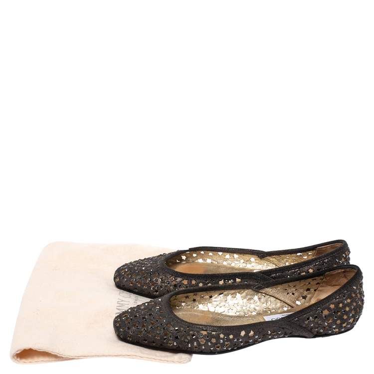Pre Owned Jimmy Choo Metallic Silver Embellished Cut Out Suede Ballet Flats Size 39.5