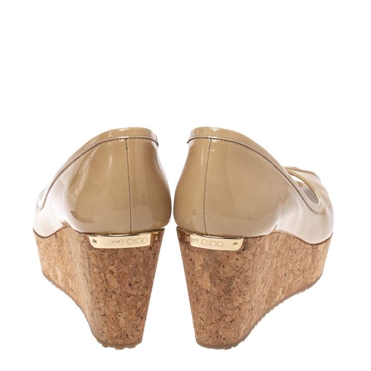 Pre Owned Jimmy Choo Nude Patent Parley Cork Wedge Pumps Size 37.5
