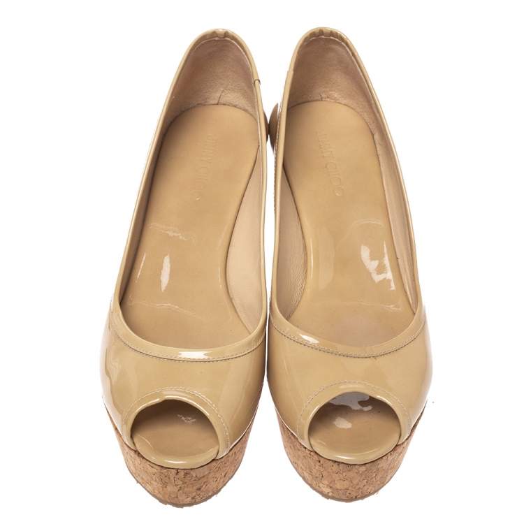 Pre Owned Jimmy Choo Nude Patent Parley Cork Wedge Pumps Size 37.5